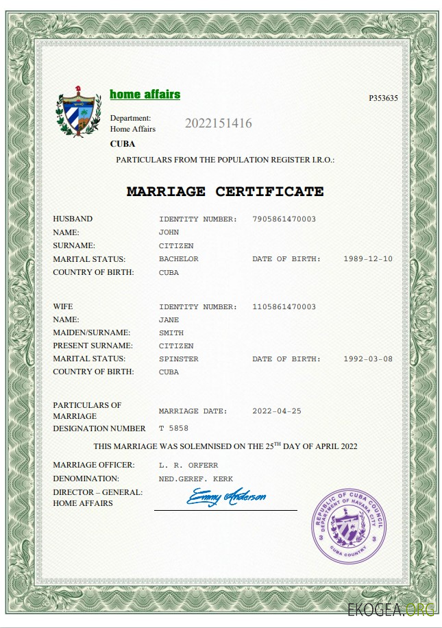 Modèle Word et PDF d'acte de mariage à Cuba